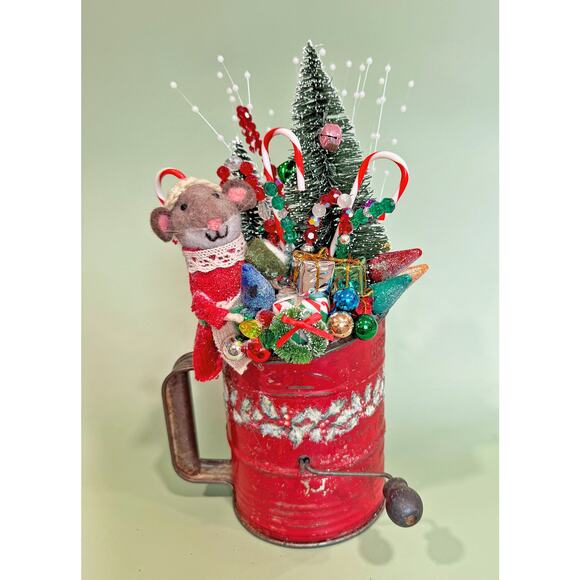 Handmade Other - Christmas Assemblage in a Vintage Red Flour Sifter with Mouse and Holiday Decor